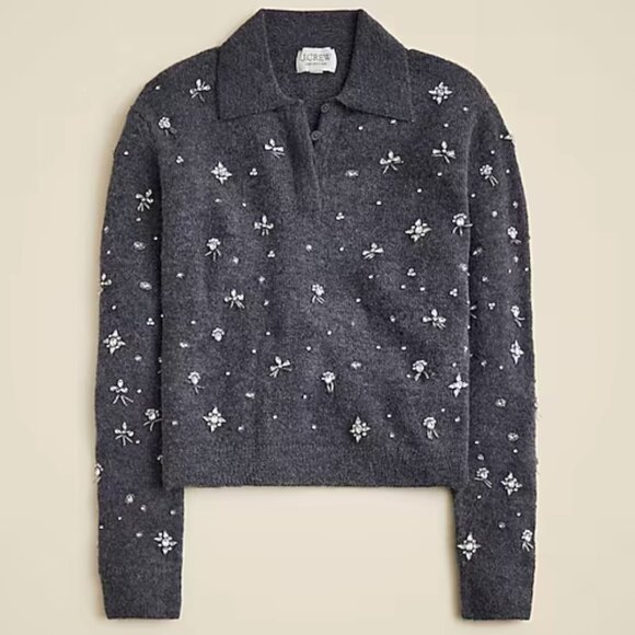NWT J.crew Embellished sweater-polo in wool blend Sz M Charcoal Gray - Picture 1 of 2